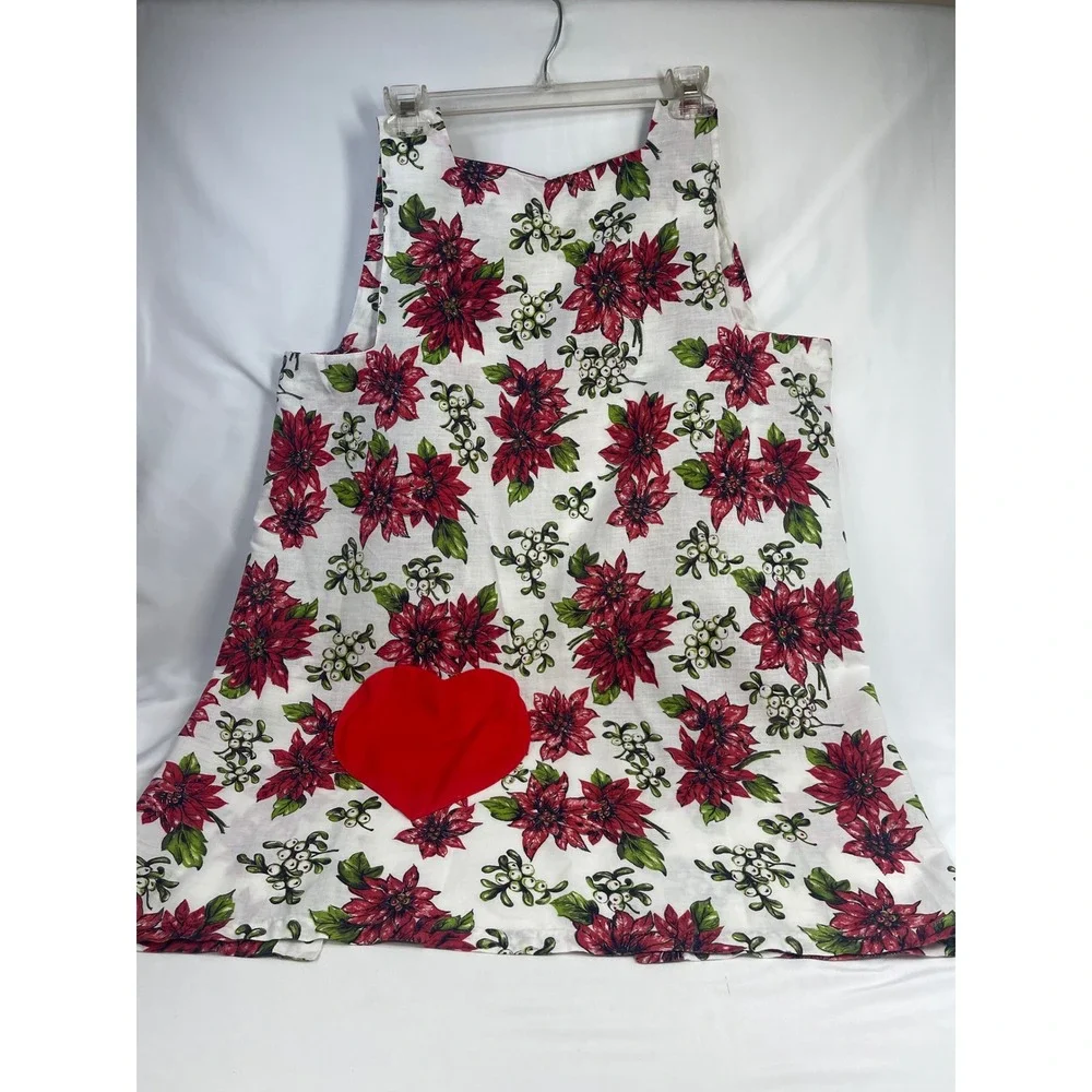 Vintage Handmade Poinsettia Heart Pocket Pinafore Apron White Red